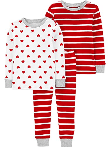 Simple Joys by Carter's Unisex Kinder 3-Piece Snug-fit Cotton Pajama Pyjama-Set, Rot Streifen/Weiß Herzen, 5 Jahre (3er Pack) von Simple Joys by Carter's