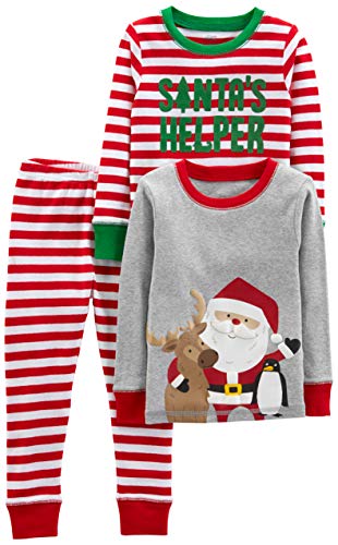 Simple Joys by Carter's Unisex Kinder 3-Piece Snug-Fit Cotton Christmas Pajama Set Pyjamaset, Grau Weihnachtsmann/Rot Streifen, 4 Jahre (3er Pack) von Simple Joys by Carter's