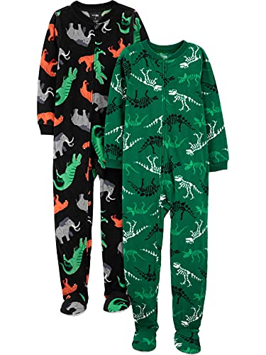 Simple Joys by Carter's Unisex-Kinder Holiday Loose-Fit Flame Resistant Fleece Footed Pajamas Pyjama-Set, Dunkelgrün Dinosaurier/Schwarz Waldtiere, 7 Jahre (2er Pack) von Simple Joys by Carter's