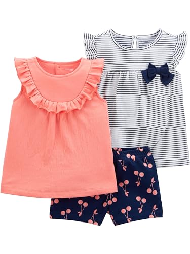 Simple Joys by Carter's Baby-Mädchen 3-Piece Playwear T-Shirt-Set, Marineblau Streifen/Pfirsich/Kirschen, 18 Monate von Simple Joys by Carter's