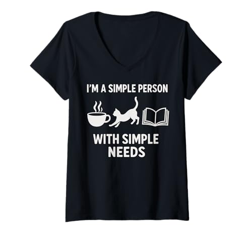 Damen Ich bin eine einfache Person mit einfachen Bedürfnissen Coffee Cat Books T-Shirt mit V-Ausschnitt Damen Ich bin eine einfache Person mit einfachen Bedürfnissen Coffee Cat Books T-Shirt mit V-Ausschnitt von Simple Life Humor Tee | Introvert Bookworm Gift