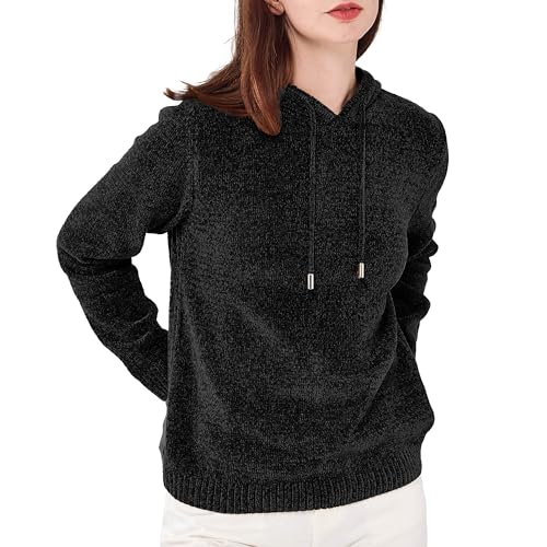 Simple&Opulence Damen Kapuzenpullover, Chenille Hoodie Pullover, Casual Langarm Sweatshirt mit Kapuze Herbst Winter, S, Schwarz von Simple&Opulence