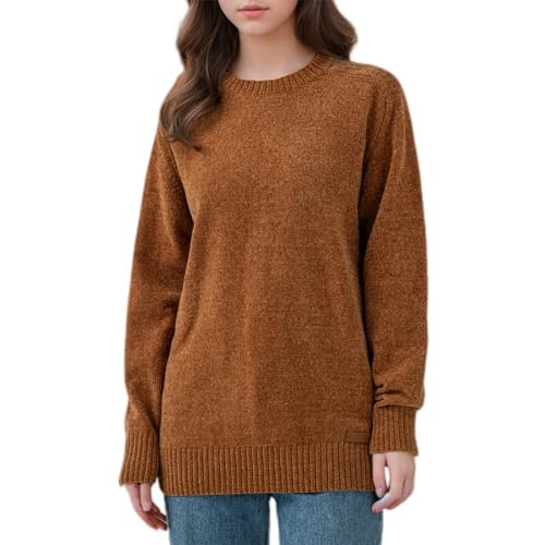 Simple&Opulence Damen Pullover Rundhalsausschnitt, Chenille Warm Pullover Tops für Damen, lässiger Langarm-Winterpullover,Caramel,L von Simple&Opulence