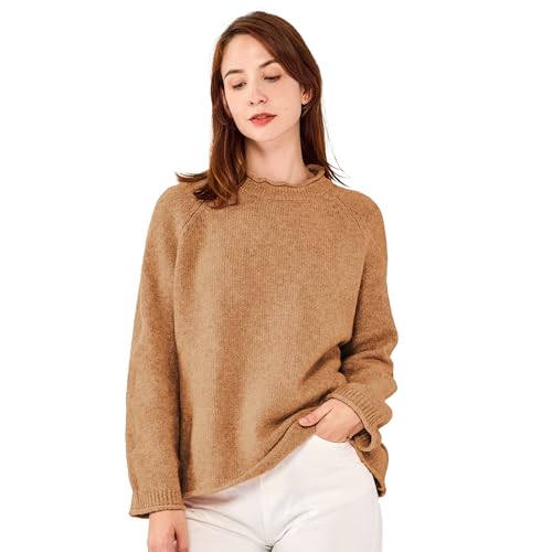 Simple&Opulence Damen Pullover Stricktop Wolle Mischung Rolled Edge Schlitz Rundhals Basic Lose Casual Pullover für Frauen, Erdorange, M von Simple&Opulence