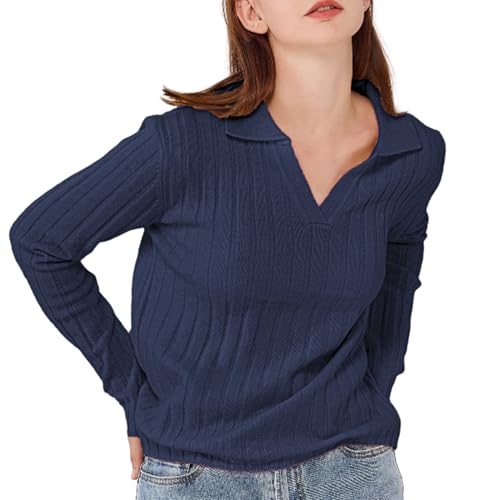 Simple&Opulence Damen V-Ausschnitt Pullover, Schoßkragen Eleganter Pullover Langarm Pullover, Damen Warme Strickwaren Sweatshirts für Herbst Winter, M, Marineblau von Simple&Opulence