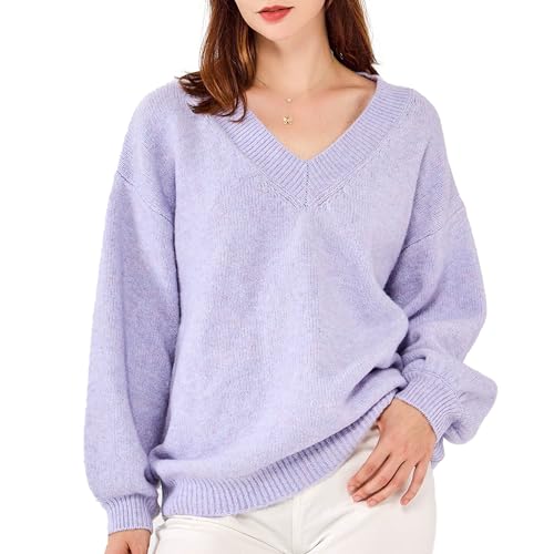 Simple&Opulence Pullover Damen V-Ausschnitt, Woll Mischung Langarm Strickpullover, Casual Tops für Frühling, Herbst, Winter, M, Lila von Simple&Opulence