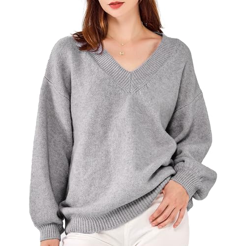 Simple&Opulence Pullover Damen V-Ausschnitt, Woll Mischung Langarm Strickpullover, Casual Tops für Frühling, Herbst, Winter, XL, Mittelgrau von Simple&Opulence