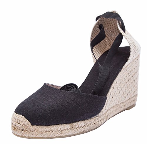 Damen Klassische Denim Keilabsatz-Espadrilles mit Bändern zum Schnüren Schwarz40 von SimpleC