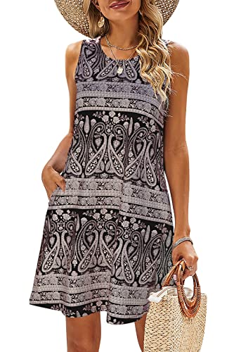 SimpleFun Damen Sommer Ärmellos Bohemian Print Tunika Swing Lose Taschen T-Shirt Kleid, Schwarz bedruckt, Mittel von SimpleFun