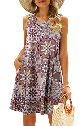 SimpleFun Damen Sommer Ärmellos Bohemian Print Tunika Swing Lose Taschen T-Shirt Kleid, coffee, Groß von SimpleFun
