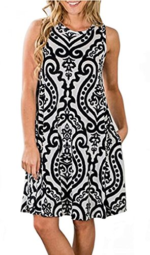 SimpleFun Damen Sommer Ärmellos Bohemian Print Tunika Swing Lose Taschen T-Shirt Kleid - Schwarz - Groß von SimpleFun