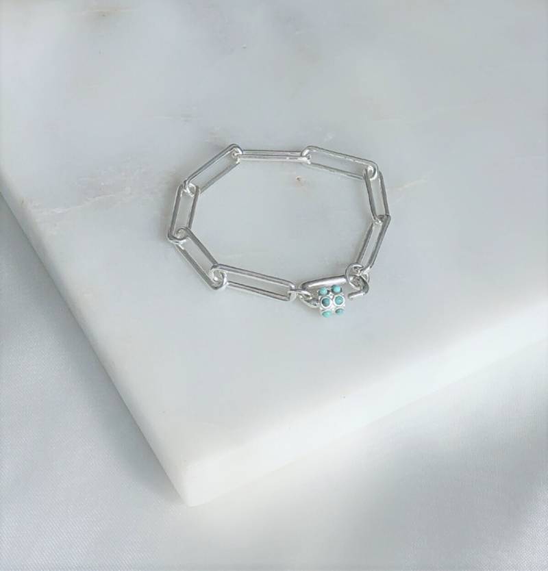 Pure Silver Paper Clip Link Chain Bracelet Turquoise Carabiner Clasp, Think Rectangle Bracelet, Open Sterling von SimpleJewelleryCabin