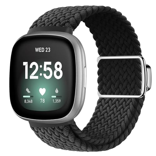 SimpleThings kompatibel mit Fitbit Versa 3/ Versa 4/ Fitbit Sense/Sense 2 Armband, Verstellbare Dehnbare Nylon Sportschlaufe mit Magnetverschluss für Männer Frauen (Schwarz) von SimpleThings