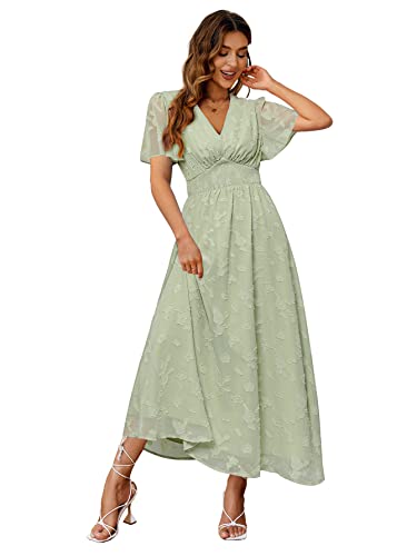 Simplee Damen Boho Floral V Ausschnitt Langarm Formal Maxi Rüschen Kleid Lang Flowy Brautjungfer Hochzeit Party Abendkleid, 1_Hellgrün, Klein von Simplee Apparel