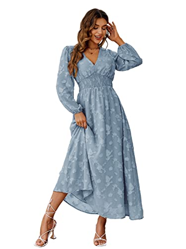 Simplee Damen Boho Floral V Ausschnitt Langarm Formal Maxi Rüschen Kleid Lang Flowy Brautjungfer Hochzeit Party Abendkleid, 1#blau, Mittel von Simplee Apparel