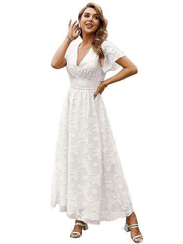 Simplee Maxikleid für Damen, Boho-Stil, Blumenmuster, fließend, lässig, V-Ausschnitt, kurze Ärmel, Hochzeit, Gast, Urlaub, Strand, langes Kleid, 1_Weiß, Klein von Simplee Apparel