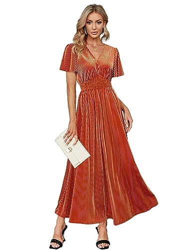 Simplee Damen Brautjungfer Hochzeit Gast Formal Maxikleid Boho Floral Flowy Langes Kleid V Ausschnitt Langarm Rüschen Kleid, 4#Burnt Orange, Mittel von Simplee Apparel