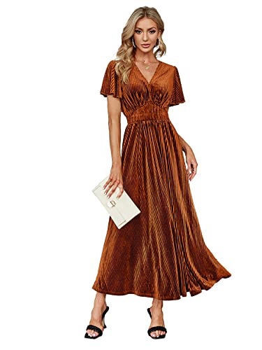 Simplee Damen Brautjungfer Hochzeit Gast Formal Maxikleid Boho Floral Flowy Langes Kleid V Ausschnitt Langarm Rüschen Kleid, Erdiges Orange, Mittel von Simplee Apparel