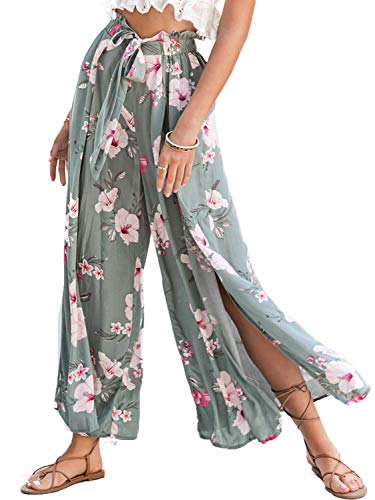 Simplee Damen Elegant Gestreifte Split Hohe Taille Gürtel Flowy Wide Leg Hose - Gr�n - 36-38 von Simplee Apparel