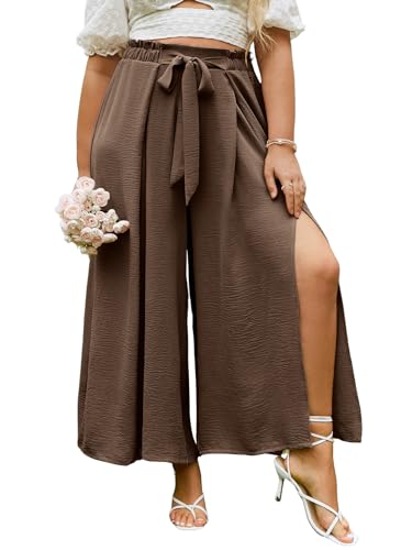 Simplee Apparel Simplee Damen-Hose, elegant, gestreift, geteilt, hohe Taille, Gürtel, fließend, weites Bein mit Taschen, E11_coffee, XX-Large Mehr von Simplee Apparel