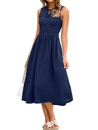 Simplee Damen-Sommerkleid, lässig, Boho, Maxikleid, V-Ausschnitt, ärmellos, gesmokt, langes Kleid, Marineblau, Klein von Simplee Apparel