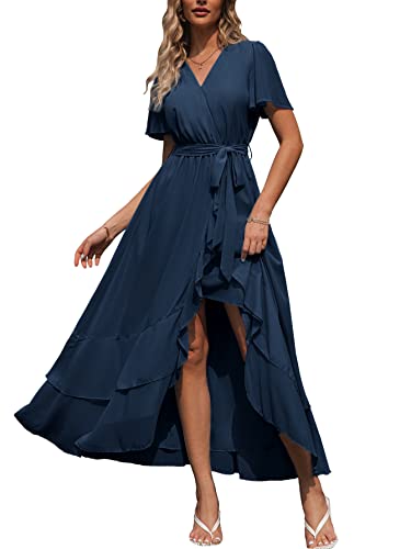 Simplee Damen Sommerkleid aus Chiffon mit Rüschen und Spaltkleid, fließend, für Brautjungfern, Hochzeit, Party, Abend, Cocktail, mit Gürtel, Rüschen-Marineblau, Mittel von Simplee Apparel