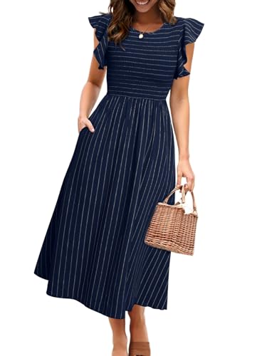 Simplee Gestreiftes Midi-Sommerkleid für Damen, Rüschen, Flügelärmel, Strandkleid, gesmokt, fließend, Umstandskleid mit Taschen, Marineblau, Klein von Simplee Apparel