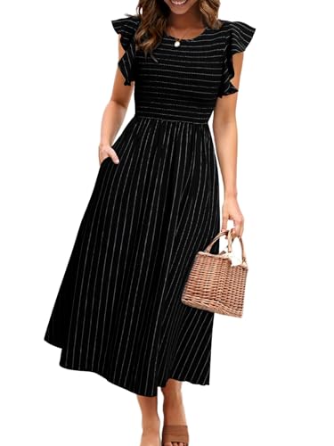 Simplee Gestreiftes Midi-Sommerkleid für Damen, Rüschen, Flügelärmel, Strandkleid, gesmokt, fließend, Umstandskleid mit Taschen, Schwarz, Groß von Simplee Apparel