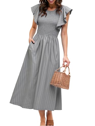 Simplee Gestreiftes Midi-Sommerkleid für Damen, gesmokt, Flatter, kurze Ärmel, fließendes Freizeitkleid mit Taschen, GRAU, X-Groß von Simplee Apparel