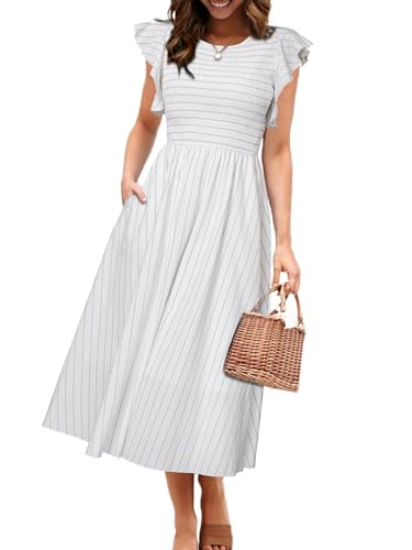 Simplee Gestreiftes Midi-Sommerkleid für Damen, gesmokt, Flatter, kurze Ärmel, fließendes Freizeitkleid mit Taschen, Weiss/opulenter Garten, Mittel von Simplee Apparel