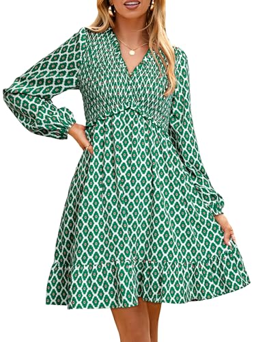 Simplee Damen 2025 Langärmeliges Babydoll-Minikleid, gesmoktes Blumenmuster, Herbst, fließend, lässig, kurze Kleider mit Taschen, Grün , Groß von Simplee