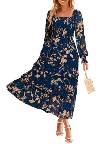 Simplee Damen-Maxikleid mit langen Ärmeln, Boho-Stil, fließend, gestuft, gesmokt, quadratischer Ausschnitt, Herbstblumen, Blau (Ink Blue), Groß von Simplee