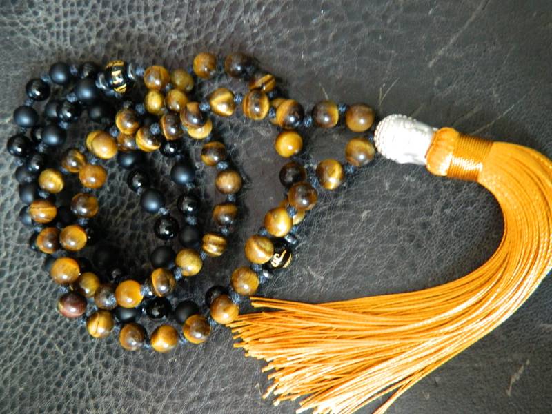 108 Handgeknüpfte Natürliche Tigerauge Schwarze Achat Mala Halskette.yoga.meditation.sterling Silber Buddha Halskette. Japa Mala von SimplicityU