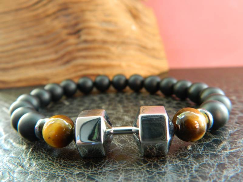 Armband Silber Hantel. Natürliche Schwarz Matt Achat Tigerauge Perlen Armband. Fitness.determination.sport.motivation.unisex von SimplicityU