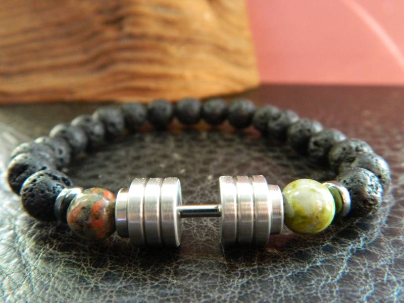 Armband Silber Hantel. Natürliche Schwarze Lava Unakit Perlen Bracelet.fitness.determination.sport.motivation.unisex von SimplicityU
