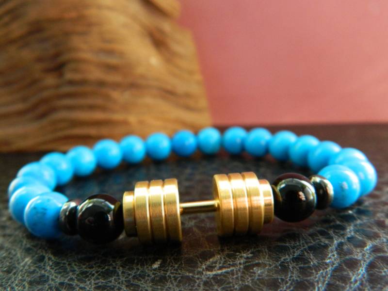 Gold Hantel-Armband. Natürlichen Blauer Türkis Schwarz Achat Perlen Bracelet.fitness.determination.sport.motivation.unisex von SimplicityU