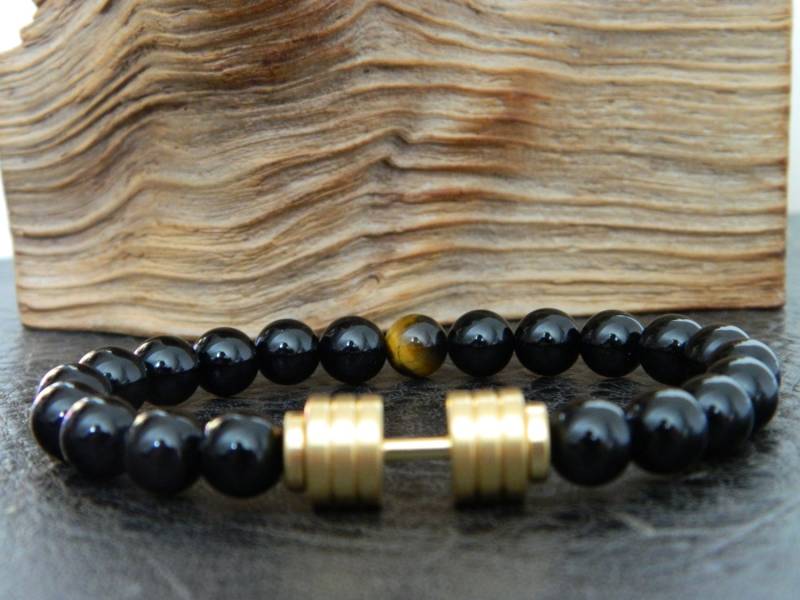 Gold Hantel-Armband. Natürlicher Schwarzer Achat Tigerauge Perlen Armband. Fitness.determination.sport.motivation Unisex von SimplicityU