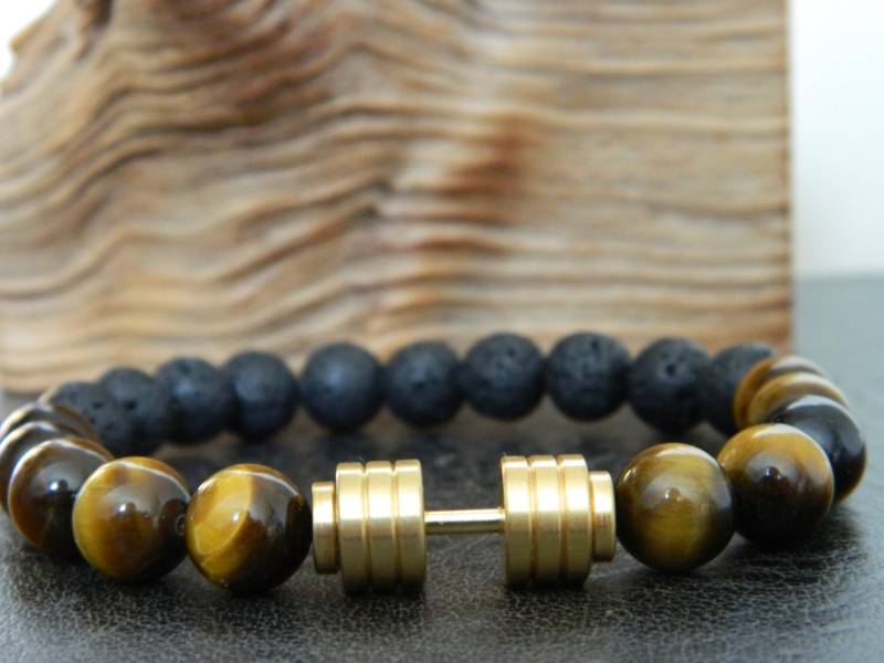 Gold Hantel Bracelet.10mm Lava Naturstein Perlen Armband. Fitness.determination.sport.motivation Unisex von SimplicityU