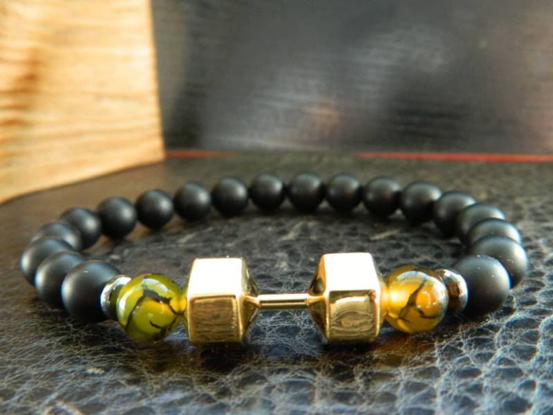 Hantel-Armband. Natürliche Schwarz Matt Achat Drache-Ader-Perlen-Armband. Fitness.determination.sport.motivation Armband. Unisex von SimplicityU