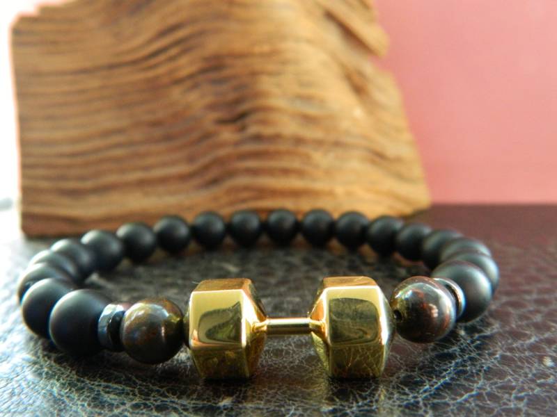 Hantel-Armband. Natürliche Schwarz Matt Achat Tiger Eisen Perlen Armband. Fitness.determination.sport.motivation Unisex von SimplicityU