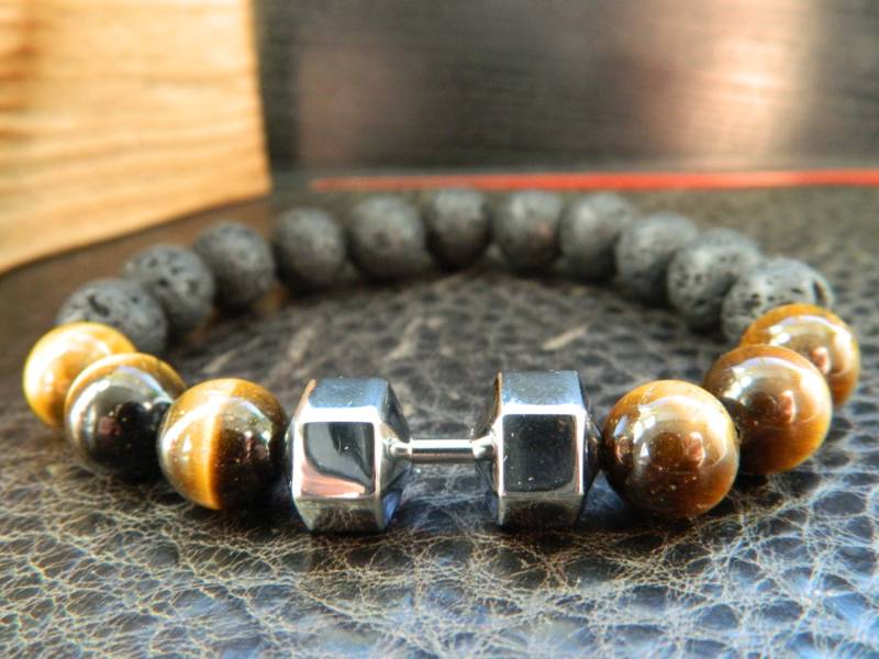 Hantel Bracelet.10mm Natural Black Lava Tigerauge Perlen Armband. Fitness.determination.sport.motivation Unisex von SimplicityU