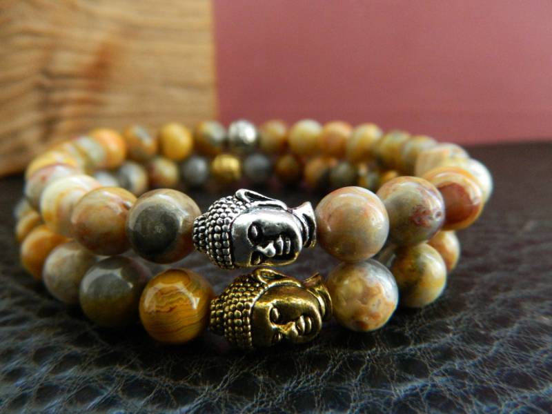 Mens Frauen Perlen Buddha Armband - Natürliche Verrückt Achat Stein von SimplicityU