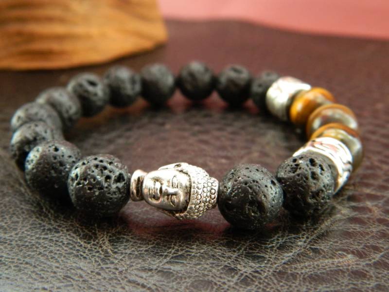 Mens Natural 10mm Schwarzen Lava Tigerauge Perlen Buddha Bracelet.chakra.yoga.meditaiton.gift von SimplicityU