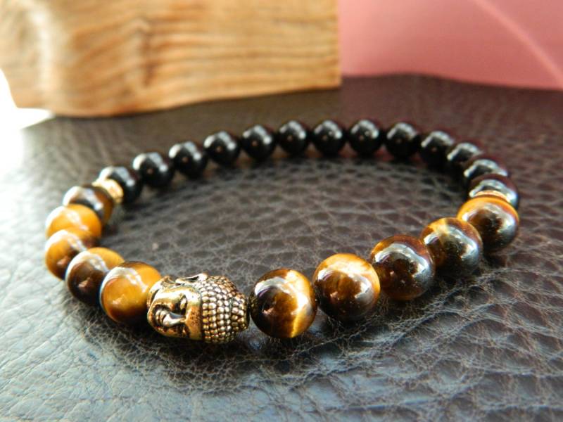 Natürliche Schwarze Achat Tiger'e Eye Perlen Buddha Armband. Yoga.meditation.gift.antique Gold von SimplicityU