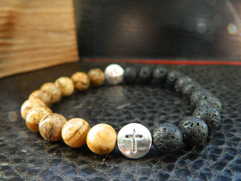 Natürliche Schwarze Lava Rock Landschafts-Jaspis Kreuz Perlen Armband. Yoga.meditation.unisex von SimplicityU