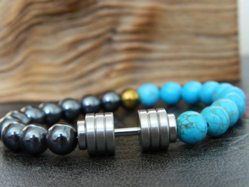 Silber-Hantel Bracelet.natural Blau Turquoise.hematite.fitness.determination.sport.motivation.unisex von SimplicityU
