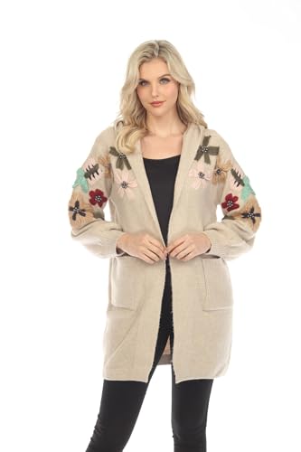 SIMPLY COUTURE Damen Winter Casual Open Front Pom Pom Langarm Crochet Knit Cardigan Sweater, Beige, Größe 37, X-Groß von Simply Couture