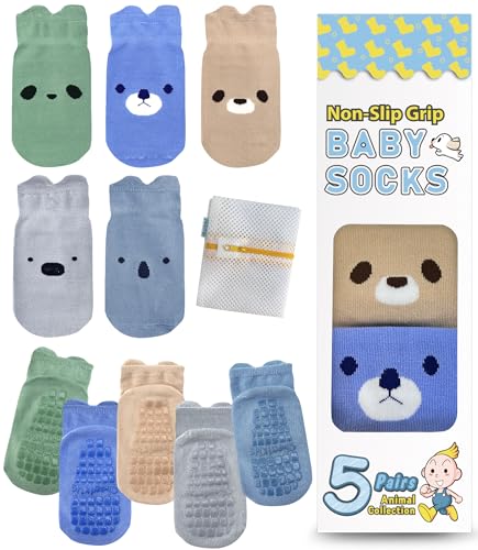 Simply Kids: Baby Socken mit Rutschfest für Jungen & Mädchen, 5 Paar, Größe 6-12 Monate, Unisex, Tierdruck, Knöchelhoch, Baumwolle, Geschlossene Kappe, Für Babyparty, Familie von Simply Kids