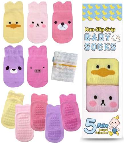 Simply Kids Baby Socken 6-12 Monate Antirutschsocken Baby Abs Babysocken - 5 Paar Pink Unisex - Tierdruck - Rutschfest - Laufen - Familie & Aktiv - Baumwolle - Knöchellang - 10 Stück von Simply Kids