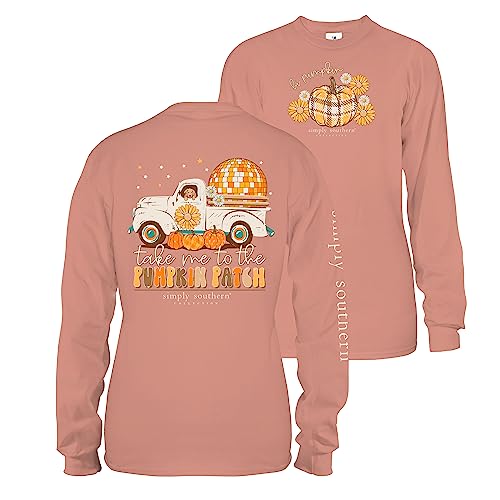 Simply Southern | Take Me to The Pumpkin Patch | Adrettes und stilvolles Café Damen-T-Shirt mit lockerer Passform, Orange/Abendrot im Zickzackmuster (Sunset Chevron), X-Groß von Simply Southern